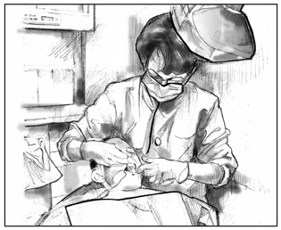 Drawing of a dentist examining a patient&rsquo;s teeth. The male patient is reclining in an exam chair and has his mouth open. The female dentist is wearing a lab coat and a mask over her nose and mouth and is looking into the patient&rsquo;s mouth.